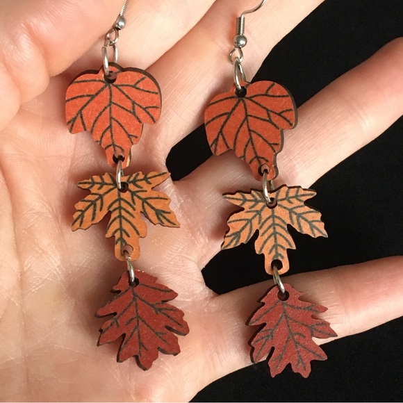 Autumn Wooden Leaf Dangle Earrings - Picture 2 of 6
